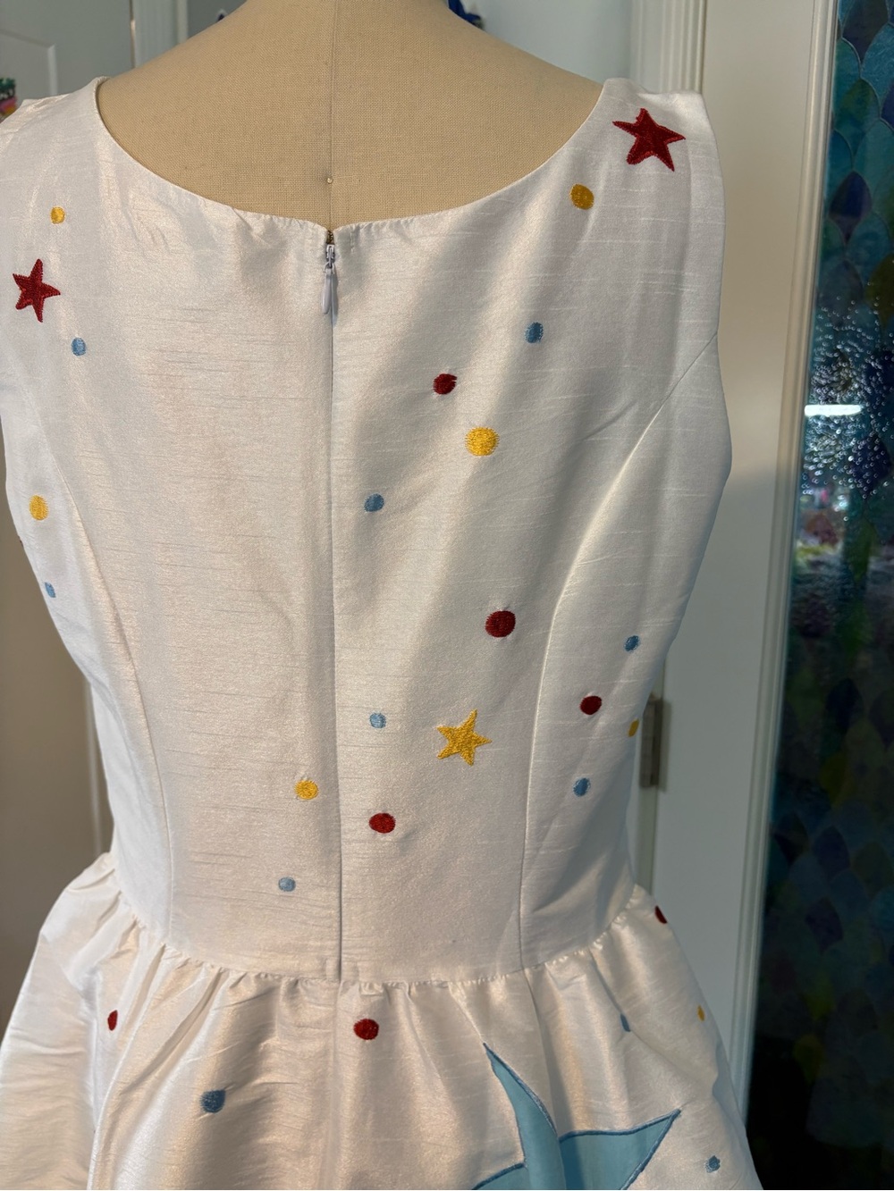 Raver, whimsical, galaxy dress - white sleeveless colorful Star Appliqués - Picture 7 of 14